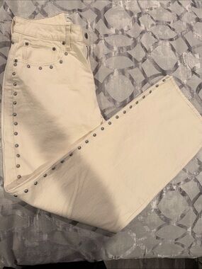 Abercrombie & Fitch Cream Straight-Leg Jeans with Silver Studs